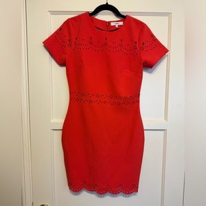 Likely brilliant, orange midi dress size 8, hidden back zipper closure.